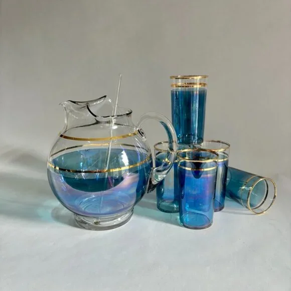 Vintage Iridescent Macbeth Evans Corning Upright Ball Pitcher & Glasses Set - Picture 6 of 14